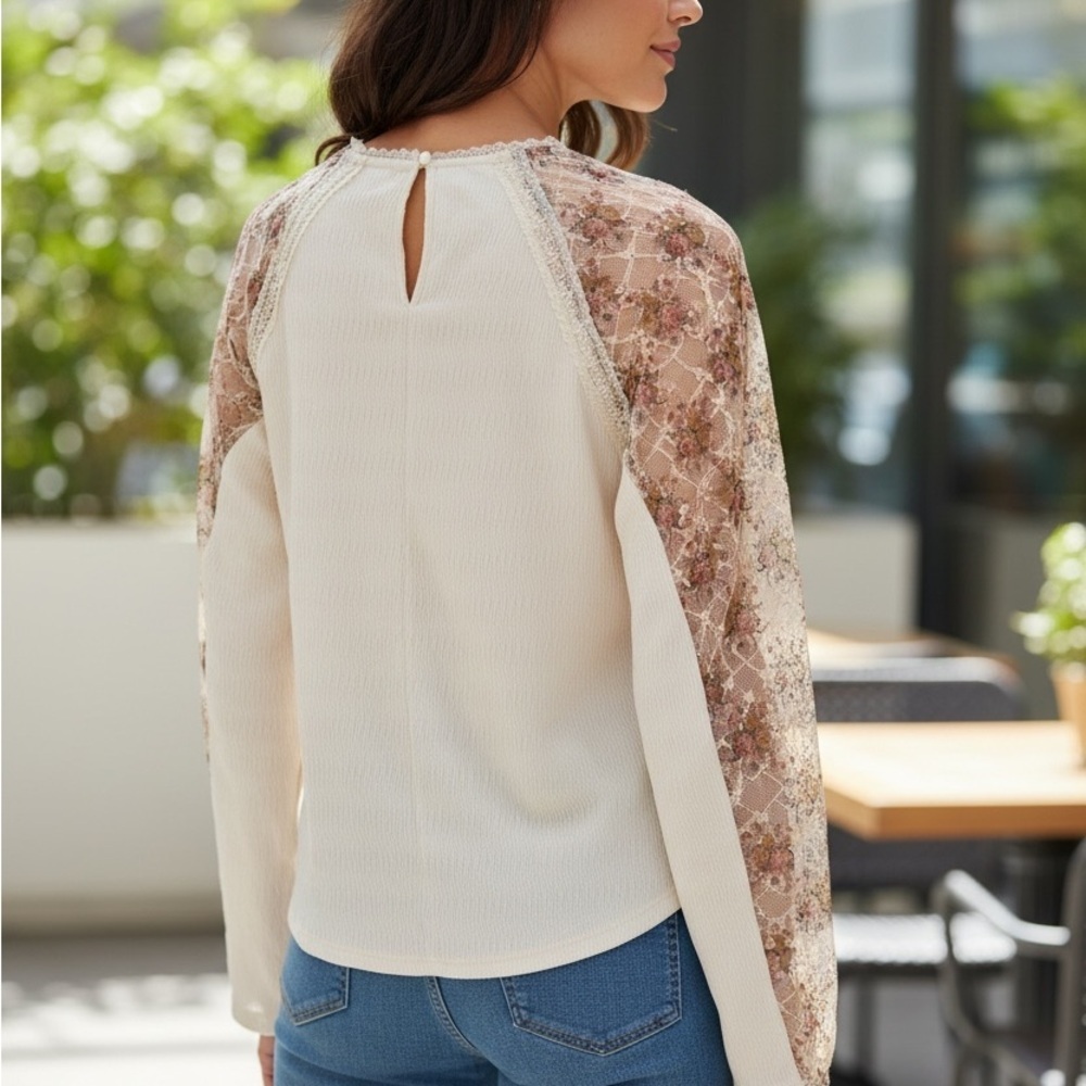 SHEIN Ivory Top with Floral Lace Sleeves - Picture 4 of 8